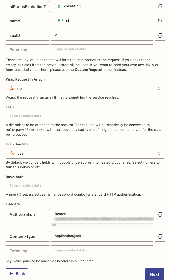 transfer data from google sheets via webhooks to another third party app such as eImmigration using Zapier